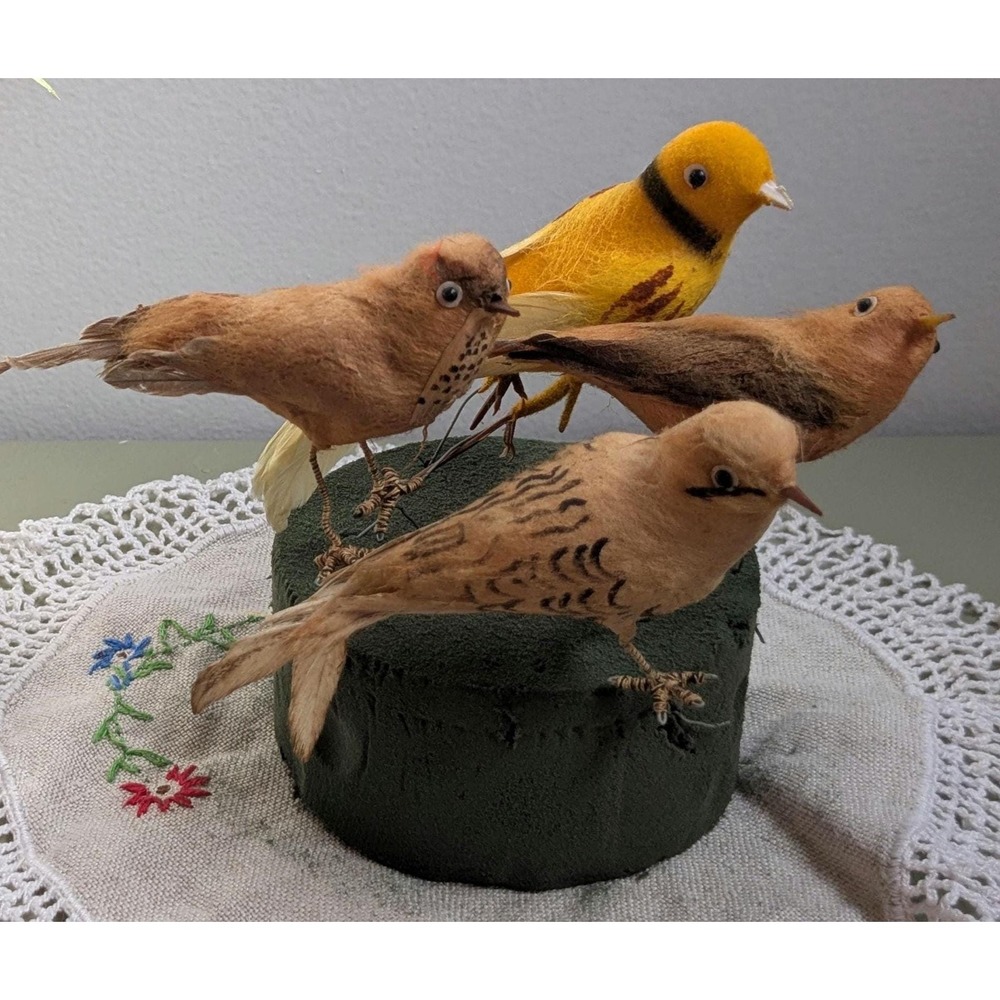 Vintage Feather Birds Set of 4 Spun Cotton Songbirds Floral Picks Cottagecore